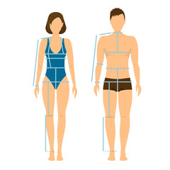 Woman and Man Body Front  Back for Measurement. Vector