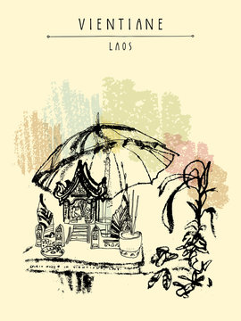 Spirit house in Vientiane, Laos, Southeast Asia. Vintage hand drawn touristic postcard, poster or book illustration