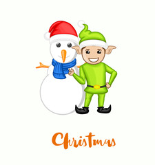 Happy Elf with Snowman Vector