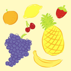 Fruits Set in Doodle Crayon Style Vector Illustration - grape, orange, lemon, cherry, strawberry, pineapple, banana