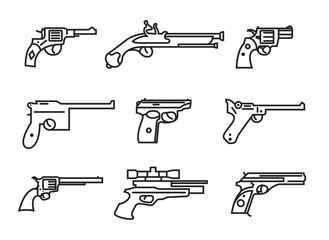 Firearm set. Guns, pistols, revolvers. Flat design. Outline line