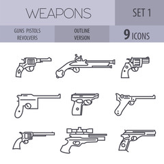 Firearm set. Guns, pistols, revolvers. Flat design. Outline line