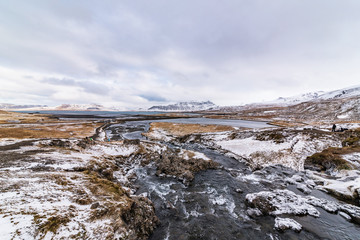 waterfall kirkjufellsfoss at wintertime, iceland