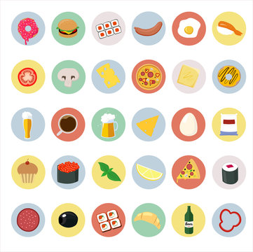 Vector icons of food on the color rounds