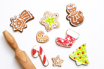 Christmas cookies with a rolling pin on a white background - 123991639