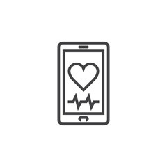 Heart rate mobile monitor symbol. Smartphone with heart line icon, outline vector logo illustration, linear pictogram isolated on white