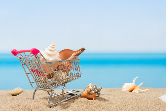 Summer signings, shopping travel. Cart on the beach