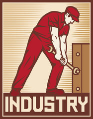 worker holding wrench - industry poster (design for labor day)
