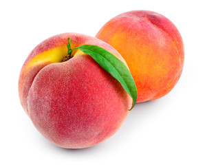  Peach. Two fruit with leaf isolated on white. With clipping pat