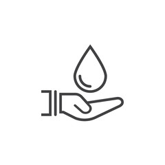 Hand holding liquid drop line icon, outline vector logo illustration, linear pictogram isolated on white