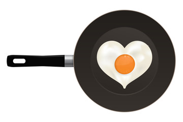 Fried egg as heart. On black frying pan