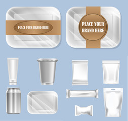 Vector set of food trail and white polyethylene foil package for sugar, bubble gum, sweets and candies mockup ready for your design