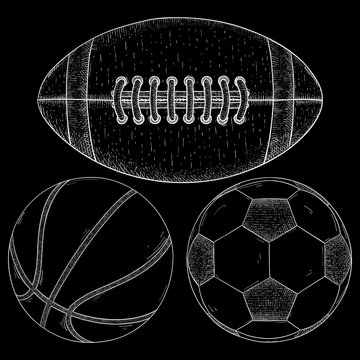 Sports balls. Soccer, football, basketball. Hand drawn sketch