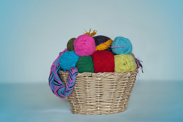 basket with colored woolen threads for knitting
