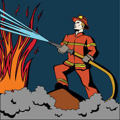Pop art firefighter. Retro fireman in red uniform and helmet spraying water on flame. Firefighting with hose.