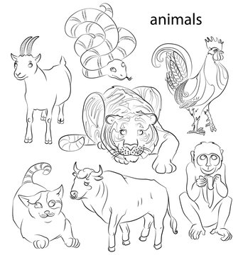 rooster, cat, snake, monkey, goat, tiger and ox