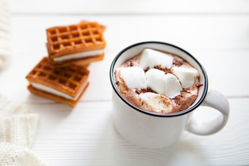 Cup hot chocolate with marshmallows in a ceramic cup, plaid and