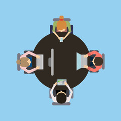 Team work at the table. Concept of brainstorming, making project , discussions. People with laptops. Seen from above.