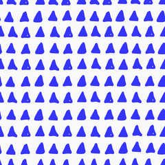 Seamless pattern with hand drawn triangles in blue on white background.

