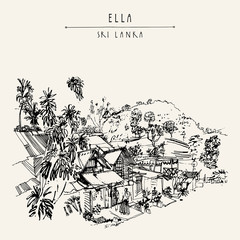 Naklejka premium Street in Ella village, Sri Lanka, Asia. Trees, houses, man wearing a sarong. Travel sketch. Hand-drawn vintage book illustration, touristic postcard or poster, calendar or book illustration