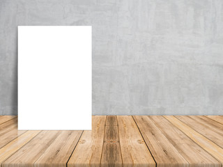 Blank white paper poster on plank wooden floor and concrete wall, Template mock up for adding your content,leave side space for display of product