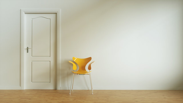 White Door on White Wall with chair, Wood Floor - 3D Rendering
