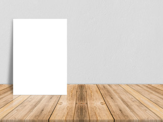 Blank white paper poster on plank wooden floor and concrete wall, Template mock up for adding your content,leave side space for display of product