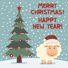 Merry Christmas and Happy New year! Funny  sheep near Christmas tree. Card in cartoon style.