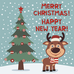 Merry Christmas and Happy New year! Funny reindeer near Christmas tree. Card in cartoon style.