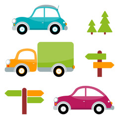 Naklejka premium Set of multicolored toy cars with trees, arrows, pointers. Vector illustration