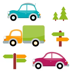 Stickers pour porte Course de voitures Set of multicolored toy cars with trees, arrows, pointers. Vector illustration