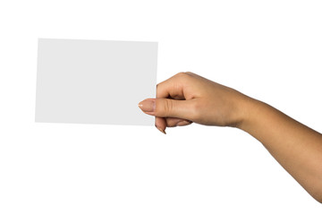 greeting card in a hand isolated on white