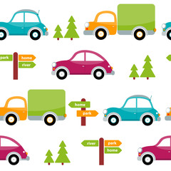 Seamless pattern of multicolored toy cars with trees, arrows, pointers. Vector illustration