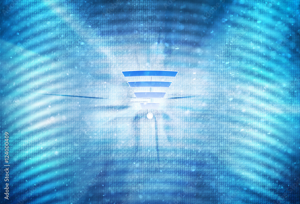 Poster artistic wireless symbol on abstract blue colored modern binary number data illustration background.