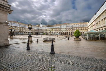 A CORUNA, GALICIA,  SPAIN - JUNE 13, 2016: City Hall and statue of Maria Pita on Square on Maria...