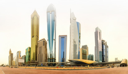 Panoramic view of metro station in Financial district, Dubai, UAE