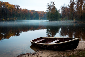 autumn landscape, river, haze, evening, boat
