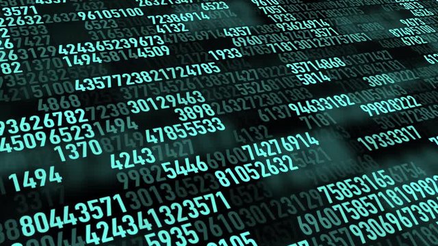 Computer screen with data stream of blue numbers running and oscillating
