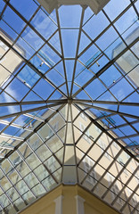 Building and Blue Sky beyond a Glass Roof