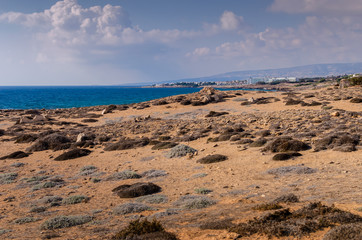 View deserted rocky seashore