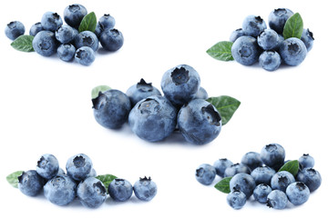 Collage of blueberries isolated on a white