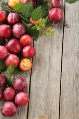 Fresh plums on a grey wooden table