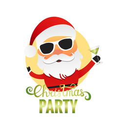 Christmas Party. Santa Claus cartoon character with cocktail and sunglasses. Merry Christmas illustration