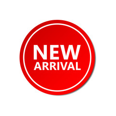 New arrival sticker. Commercial red offer label. Vector isolated illustration.