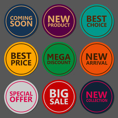 Sale discount sticker set. Commercial collection of varicolored offer labels. Different commercial inscriptions in round badges. For different holidays sale. Vector isolated illustration.