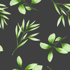 Seamless floral pattern with the watercolor green leaves on the branches, hand drawn on a dark background