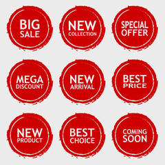 Sale discount sticker set. Commercial collection of red offer labels in grunge style. Different commercial inscriptions in circle badges. Vector isolated illustration.