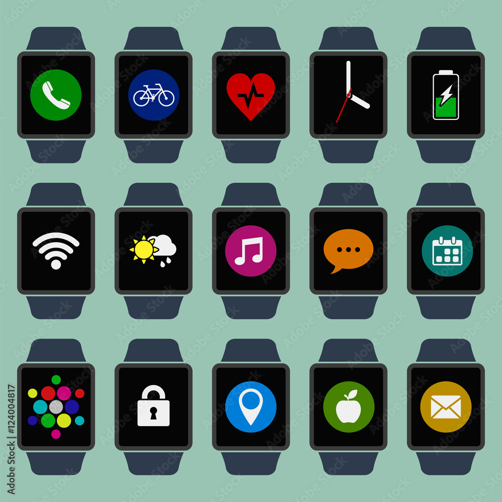 Poster smart watch set with apps. collection of different color smart watch screens with applications and n