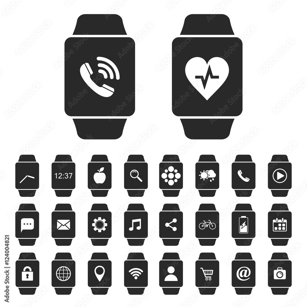 Poster smart watch icon set with apps. different smart watch screens with applications and notification. ve