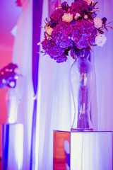 Huge violet bouquet stands in crystal vase at the white wall